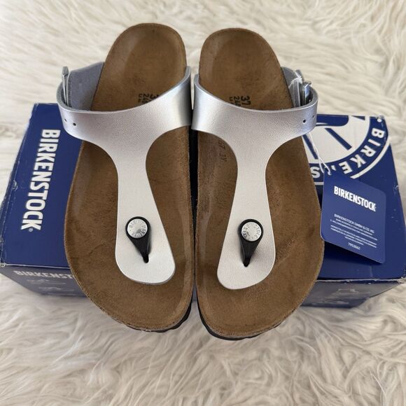 Birkenstock Gizeh Thong Sandals Leather Birko-Flor Silver Women’s EU37 NEW BOX - Picture 6 of 15